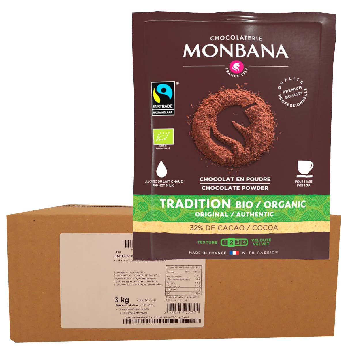 100 sachets individuels pour chocolat chaud bio Monbana