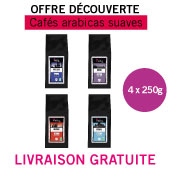 Offre découverte 4 cafés bio en grains ou moulus arabicas suaves x 250g