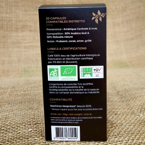 20 capsules Nespresso© compostables café bio RISTRETTO (ddm 06/2025)