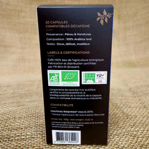 20 capsules Nespresso© compostables café bio DÉCAFÉINÉ (ddm 06/2025)
