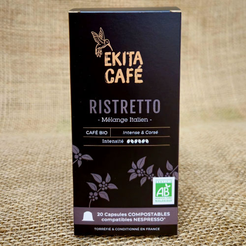 20 capsules Nespresso© compostables café bio RISTRETTO (ddm 06/2025)