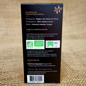 20 capsules Nespresso© compostables café bio BRESIL (ddm 06/2025)