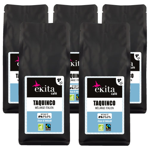 Café en grains en gros bio équitable TAQUINCO 1 kg x 5