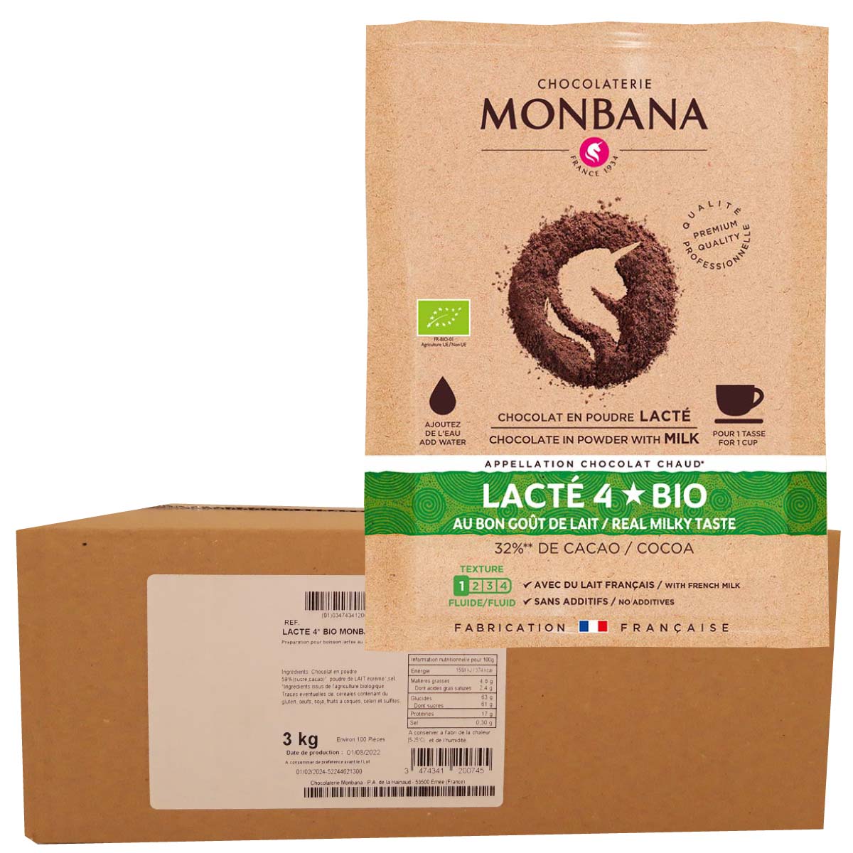 100 dosettes individuelles de chocolat bio lacté Monbana